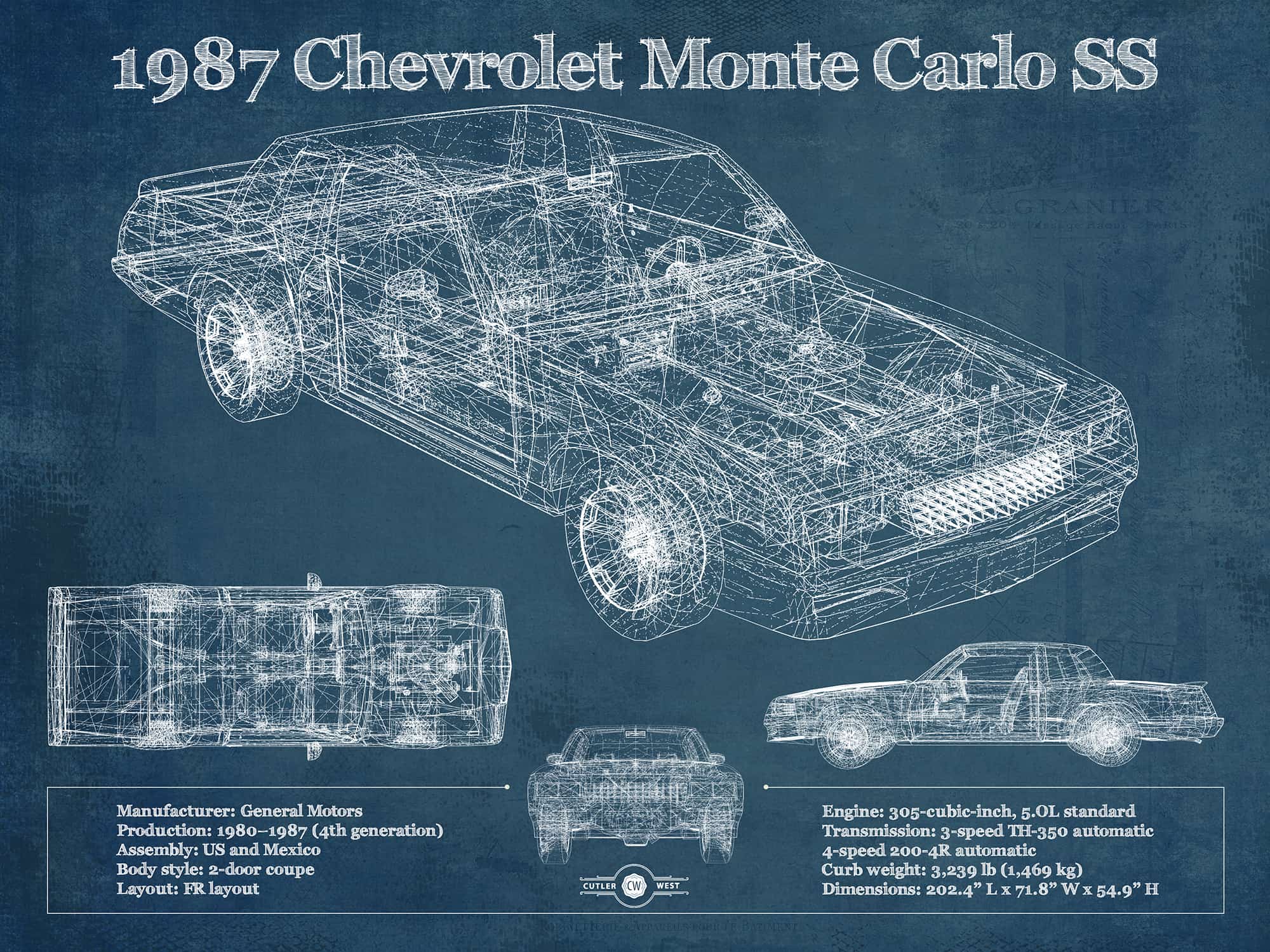 Cutler West 1987 Monte Carlo SS Vintage Blueprint Auto Print