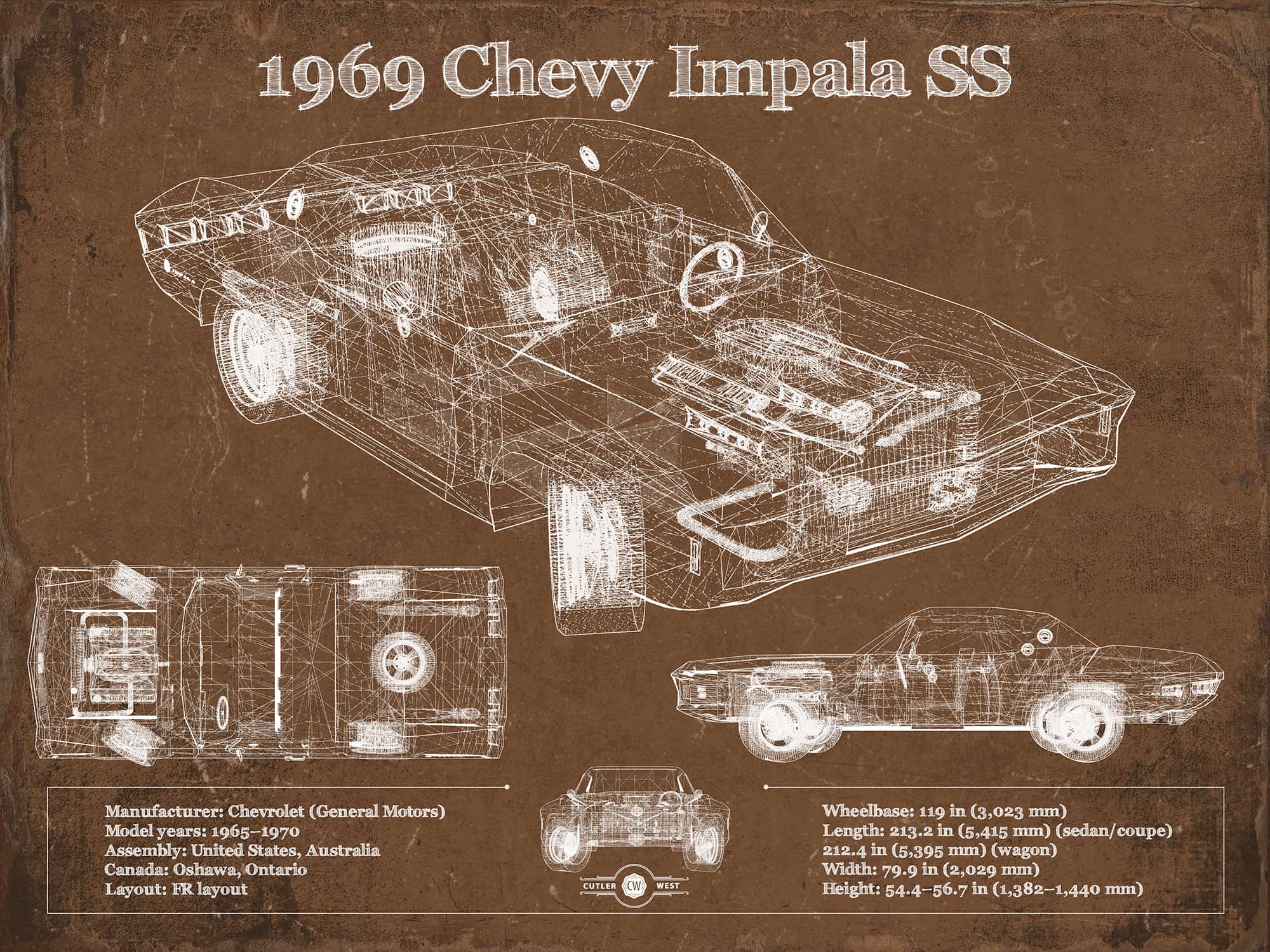 Cutler West 1969 Chevy Impala SS Vintage Blueprint Auto Print