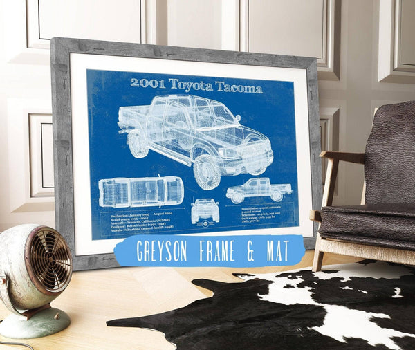 14" x 11" / Greyson Frame & Mat Cutler West 2001 Toyota Tacoma Double Cab Limited Vintage Blueprint Auto Print