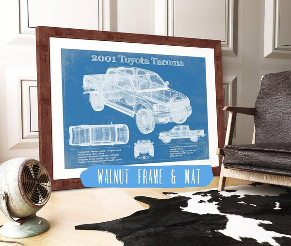 20" x 16" / Walnut Frame & Mat Cutler West 2001 Toyota Tacoma Double Cab Limited Vintage Blueprint Auto Print
