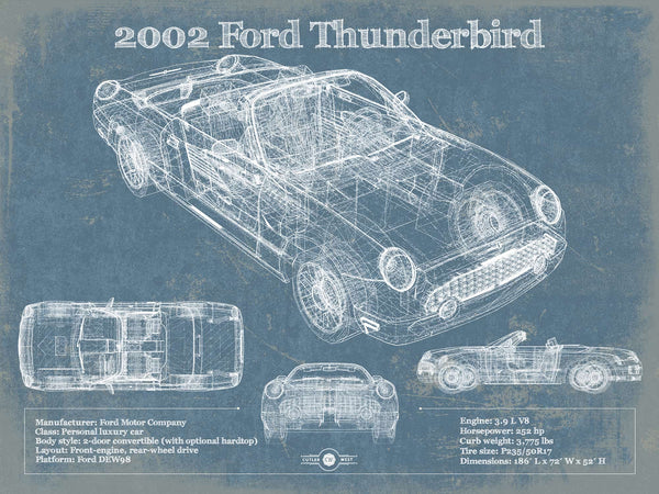 14" x 11" / Unframed Cutler West 2002 Ford Thunderbird Original Blueprint Art