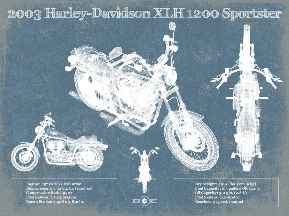 14" x 11" / Stretched Canvas Wrap Cutler West 2003 Harley-Davidson XLH 1200 Sportster Blueprint Motorcycle Patent Print