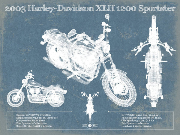 14" x 11" / Unframed Cutler West 2003 Harley-Davidson XLH 1200 Sportster Blueprint Motorcycle Patent Print