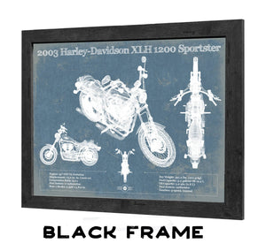 20" x 16" / Black Frame Cutler West 2003 Harley-Davidson XLH 1200 Sportster Blueprint Motorcycle Patent Print