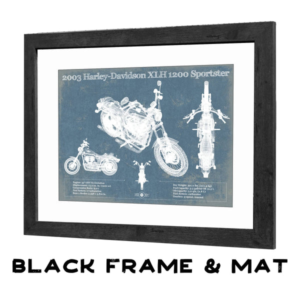 20" x 16" / Black Frame & Mat Cutler West 2003 Harley-Davidson XLH 1200 Sportster Blueprint Motorcycle Patent Print