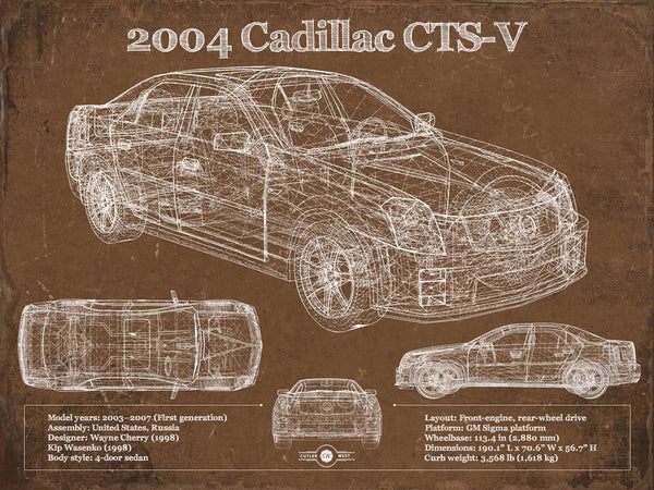 14" x 11" / Unframed Cutler West 2004 Cadillac CTS-V Vintage Blueprint Auto Print