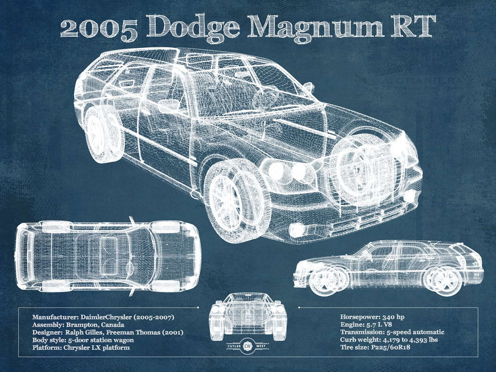 14" x 11" / Stretched Canvas Wrap Cutler West 2005 Dodge Magnum RT Vintage Blueprint Auto Print
