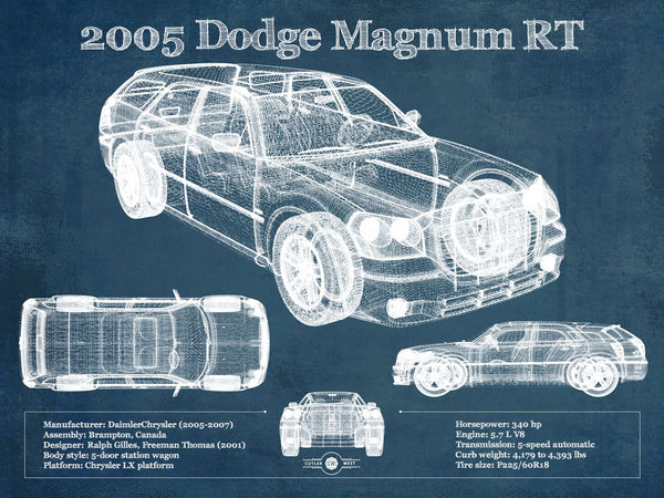 14" x 11" / Unframed Cutler West 2005 Dodge Magnum RT Vintage Blueprint Auto Print