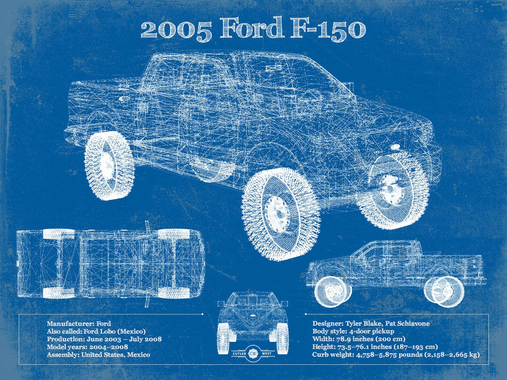14" x 11" / Stretched Canvas Wrap Cutler West 2005 Ford F-150 Vintage Blueprint Auto Print