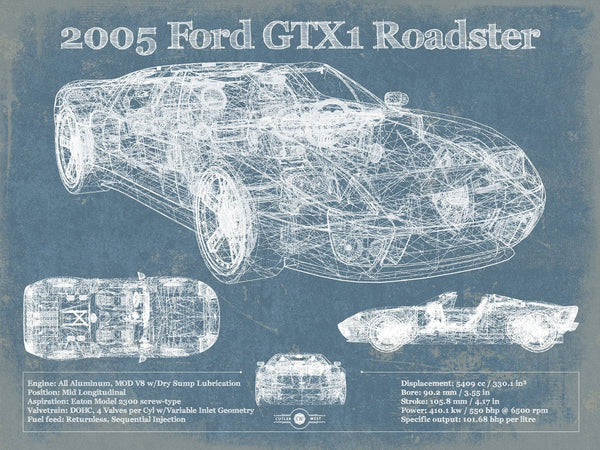 14" x 11" / Unframed Cutler West 2005 Ford GTX1 Roadster Vintage Blueprint Auto Print