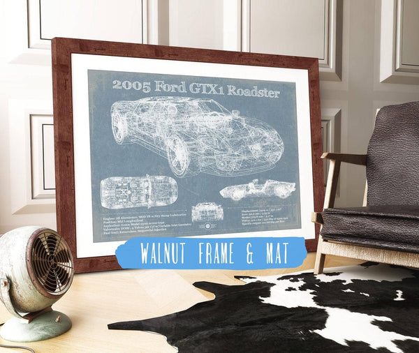 20" x 16" / Walnut Frame & Mat Cutler West 2005 Ford GTX1 Roadster Vintage Blueprint Auto Print