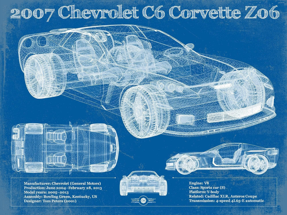 14" x 11" / Stretched Canvas Wrap Cutler West 2007 Chevrolet C6 Corvette Z06 Blueprint Vintage Auto Print