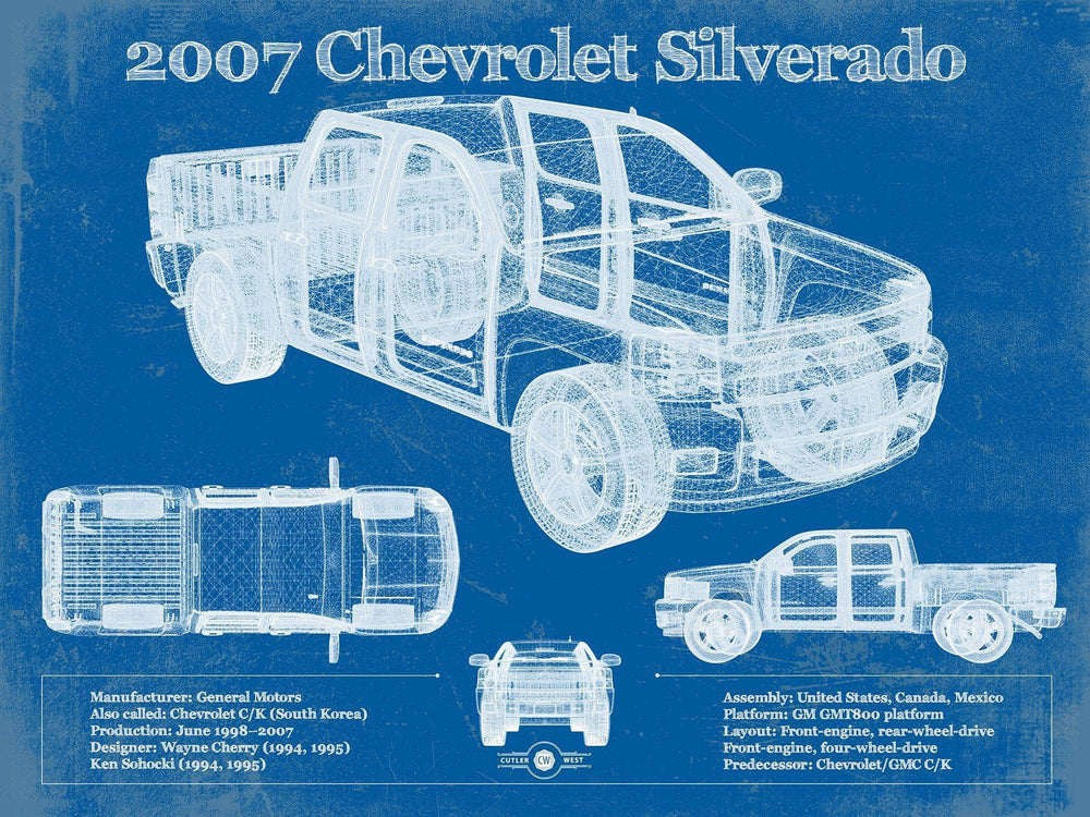 14" x 11" / Stretched Canvas Wrap Cutler West 2007 Chevrolet Silverado 1500 Vintage Blueprint Auto Print