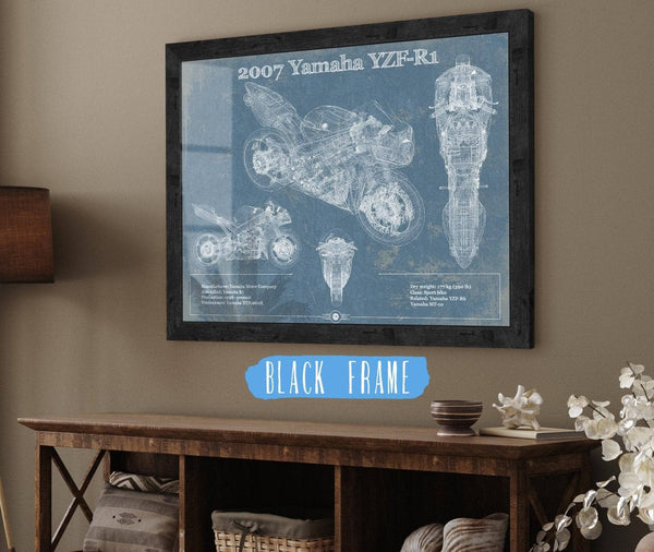 20" x 16" / Black Frame Cutler West 2007 Yamaha YZF-R1 Blueprint Motorcycle Patent Print
