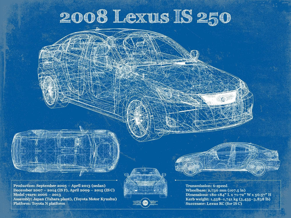 14" x 11" / Stretched Canvas Wrap Cutler West 2008 Lexus Is 250 Vintage Blueprint Auto Print