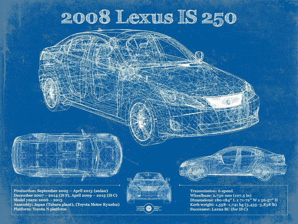 14" x 11" / Unframed Cutler West 2008 Lexus Is 250 Vintage Blueprint Auto Print