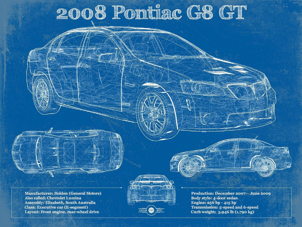 14" x 11" / Stretched Canvas Wrap Cutler West 2008 Pontiac G8 GT Blueprint Vintage Auto Print