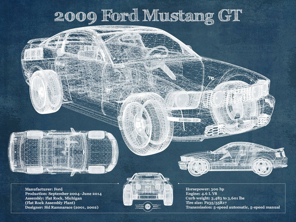 14" x 11" / Stretched Canvas Wrap Cutler West 2009 Ford Mustang GT Original Blueprint Art