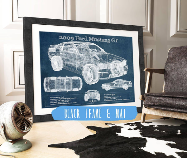 20" x 16" / Black Frame & Mat Cutler West 2009 Ford Mustang GT Original Blueprint Art