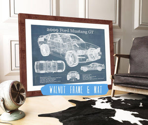 20" x 16" / Walnut Frame & Mat Cutler West 2009 Ford Mustang GT Original Blueprint Art