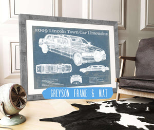 14" x 11" / Greyson Frame & Mat Cutler West 2009 Lincoln Town Car Limousine Vintage Blueprint Auto Print