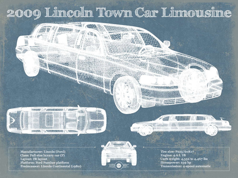 14" x 11" / Stretched Canvas Wrap Cutler West 2009 Lincoln Town Car Limousine Vintage Blueprint Auto Print
