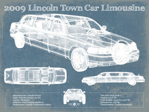 14" x 11" / Unframed Cutler West 2009 Lincoln Town Car Limousine Vintage Blueprint Auto Print