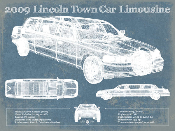 14" x 11" / Unframed Cutler West 2009 Lincoln Town Car Limousine Vintage Blueprint Auto Print