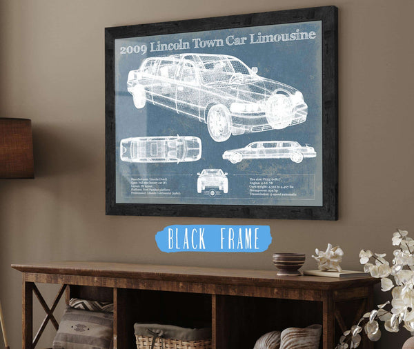 20" x 16" / Black Frame Cutler West 2009 Lincoln Town Car Limousine Vintage Blueprint Auto Print