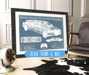 20" x 16" / Black Frame & Mat Cutler West 2009 Lincoln Town Car Limousine Vintage Blueprint Auto Print
