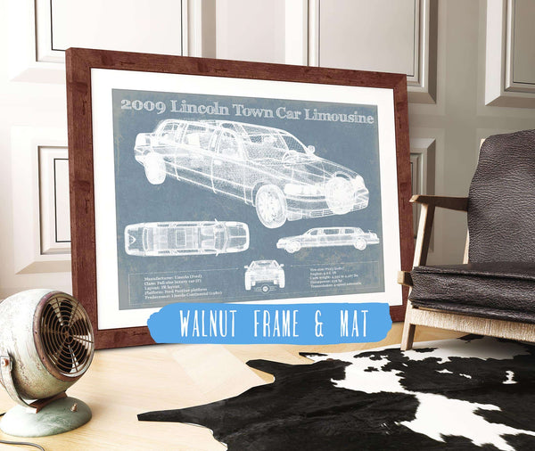 20" x 16" / Walnut Frame & Mat Cutler West 2009 Lincoln Town Car Limousine Vintage Blueprint Auto Print