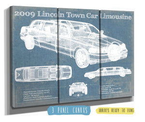 36" x 24" / 3 Panel Canvas Wrap Cutler West 2009 Lincoln Town Car Limousine Vintage Blueprint Auto Print