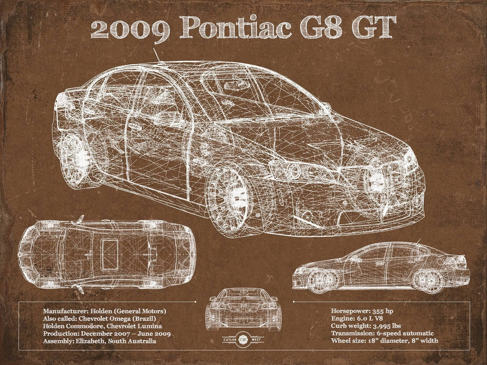 14" x 11" / Stretched Canvas Wrap Cutler West 2009 Pontiac G8 GT Blueprint Vintage Auto Print