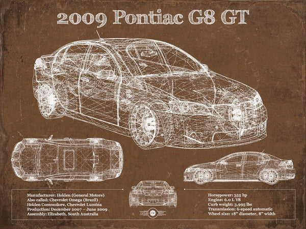 14" x 11" / Unframed Cutler West 2009 Pontiac G8 GT Blueprint Vintage Auto Print