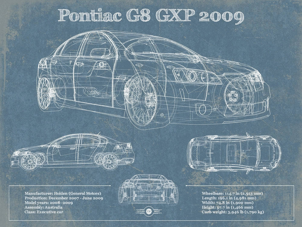 14" x 11" / Stretched Canvas Wrap Cutler West 2009 Pontiac G8 GXP Blueprint Vintage Auto Print
