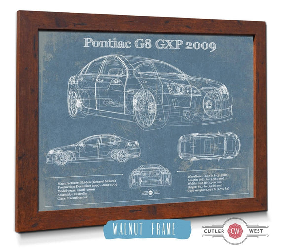 20" x 16" / Walnut Frame Cutler West 2009 Pontiac G8 GXP Blueprint Vintage Auto Print
