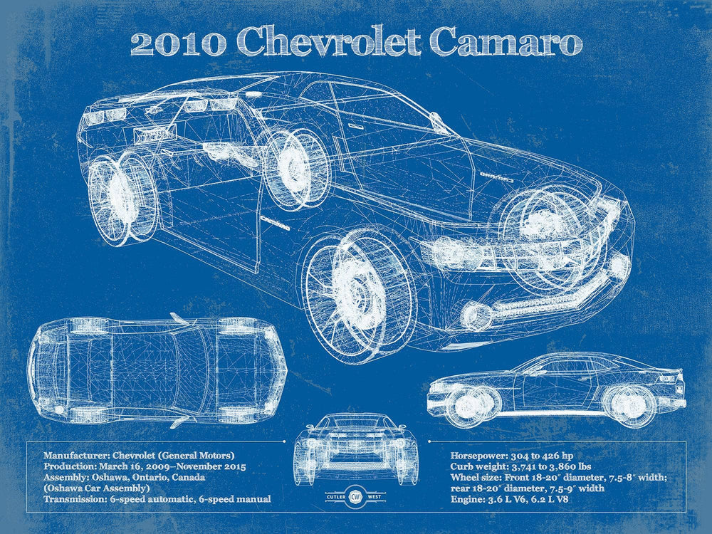 14" x 11" / Stretched Canvas Wrap Cutler West 2010 Chevrolet Camaro Vintage Blueprint Auto Print
