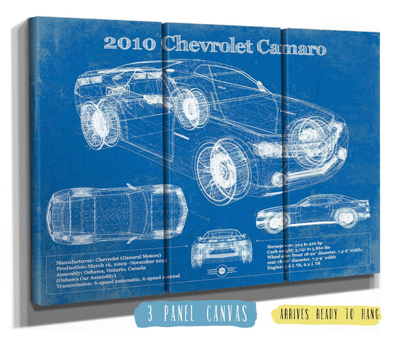 36" x 24" / 3 Panel Canvas Wrap Cutler West 2010 Chevrolet Camaro Vintage Blueprint Auto Print