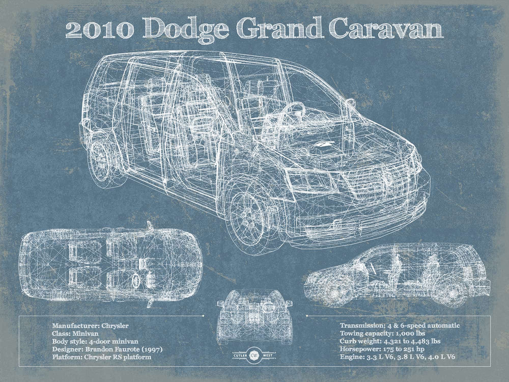 14" x 11" / Stretched Canvas Wrap Cutler West 2010 Dodge Grand Caravan Vintage Blueprint Auto Print