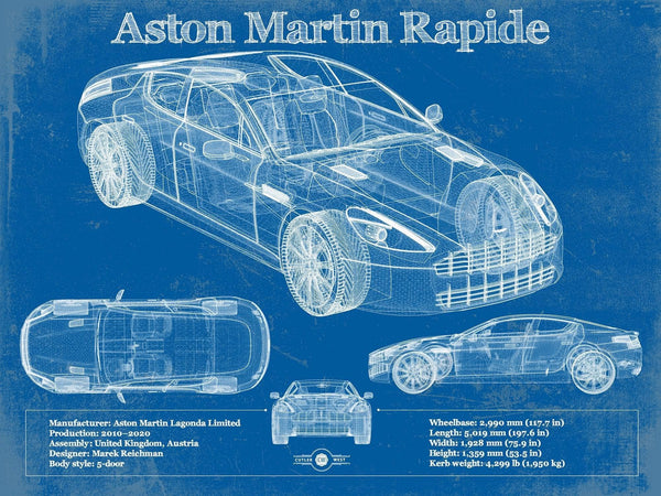 14" x 11" / Unframed Cutler West 2011 Aston Martin Rapide Vintage Blueprint Auto Print