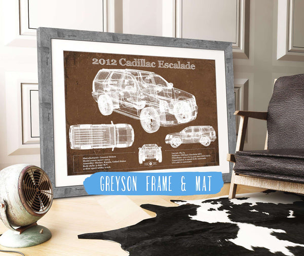 14" x 11" / Greyson Frame & Mat Cutler West 2012 Cadillac Escalade Blueprint Vintage Auto Print