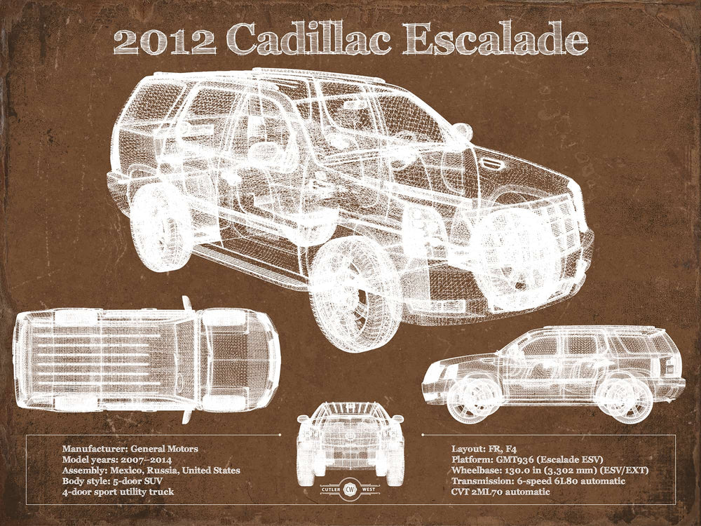 14" x 11" / Stretched Canvas Wrap Cutler West 2012 Cadillac Escalade Blueprint Vintage Auto Print