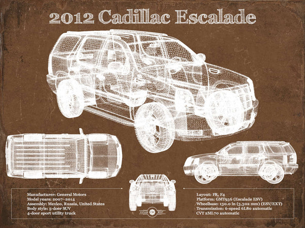 14" x 11" / Unframed Cutler West 2012 Cadillac Escalade Blueprint Vintage Auto Print