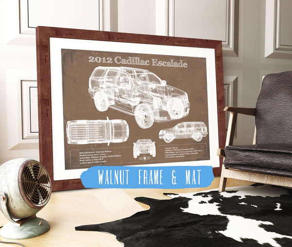 20" x 16" / Walnut Frame & Mat Cutler West 2012 Cadillac Escalade Blueprint Vintage Auto Print
