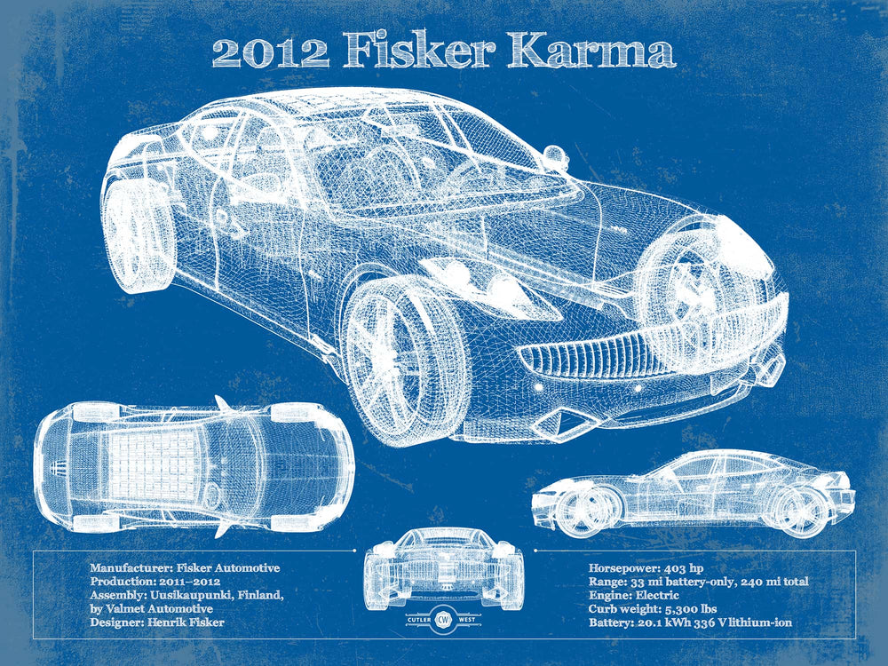 14" x 11" / Stretched Canvas Wrap Cutler West 2012 Fisker Karma Blueprint Vintage Auto Print
