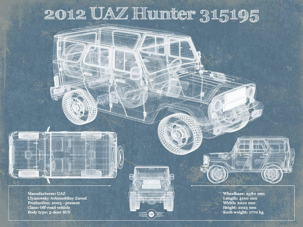 14" x 11" / Stretched Canvas Wrap Cutler West 2012 UAZ Hunter 315195 Vintage Blueprint Auto Print