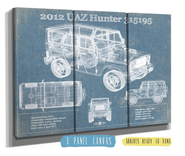 36" x 24" / 3 Panel Canvas Wrap Cutler West 2012 UAZ Hunter 315195 Vintage Blueprint Auto Print