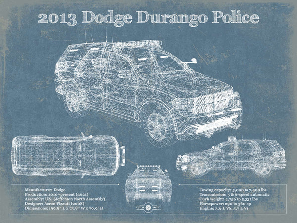 14" x 11" / Unframed Cutler West 2013 Dodge Durango Police Blueprint Vintage Auto Print