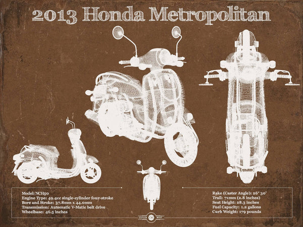 14" x 11" / Unframed Cutler West 2013 Honda Metropolitan Vintage Blueprint Auto Print