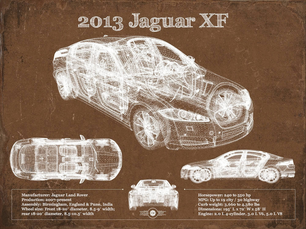 14" x 11" / Stretched Canvas Wrap Cutler West 2013 Jaguar XF Blueprint Vintage Auto Print